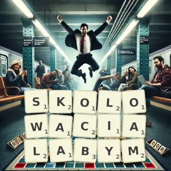 Kreatywna ilustracja do gry w Scrabble ze słowem SKOLOWACIALABYM ułożonym z płytek na planszy.