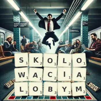 Kreatywna ilustracja do gry w Scrabble ze słowem SKOLOWACIALOBYM ułożonym z płytek na planszy.