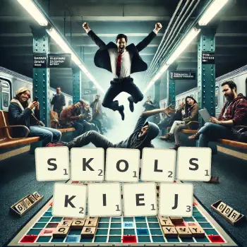 Kreatywna ilustracja do gry w Scrabble ze słowem SKOLSKIEJ ułożonym z płytek na planszy.