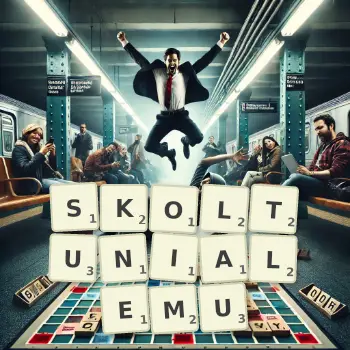 Kreatywna ilustracja do gry w Scrabble ze słowem SKOLTUNIALEMU ułożonym z płytek na planszy.