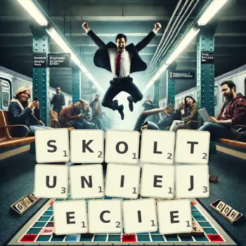Kreatywna ilustracja do gry w Scrabble ze słowem SKOLTUNIEJECIE ułożonym z płytek na planszy.