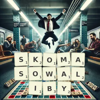 Kreatywna ilustracja do gry w Scrabble ze słowem SKOMASOWALIBY ułożonym z płytek na planszy.