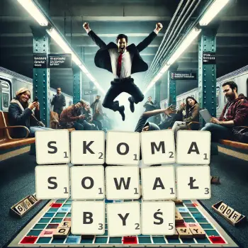 Kreatywna ilustracja do gry w Scrabble ze słowem SKOMASOWAŁBYŚ ułożonym z płytek na planszy.