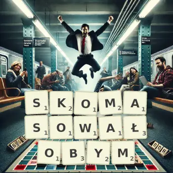 Kreatywna ilustracja do gry w Scrabble ze słowem SKOMASOWAŁOBYM ułożonym z płytek na planszy.