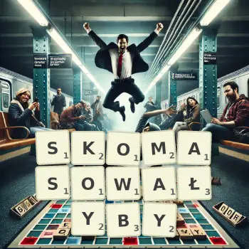 Kreatywna ilustracja do gry w Scrabble ze słowem SKOMASOWAŁYBY ułożonym z płytek na planszy.