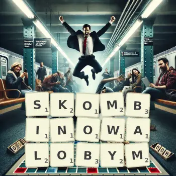 Kreatywna ilustracja do gry w Scrabble ze słowem SKOMBINOWALOBYM ułożonym z płytek na planszy.