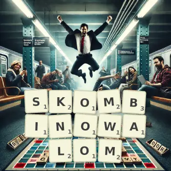 Kreatywna ilustracja do gry w Scrabble ze słowem SKOMBINOWALOM ułożonym z płytek na planszy.