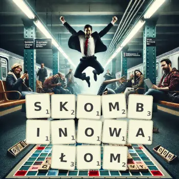 Kreatywna ilustracja do gry w Scrabble ze słowem SKOMBINOWAŁOM ułożonym z płytek na planszy.