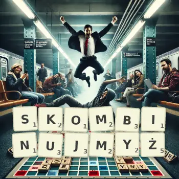 Kreatywna ilustracja do gry w Scrabble ze słowem SKOMBINUJMYŻ ułożonym z płytek na planszy.