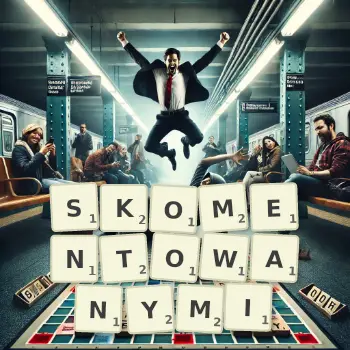 Kreatywna ilustracja do gry w Scrabble ze słowem SKOMENTOWANYMI ułożonym z płytek na planszy.