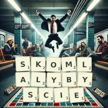 Kreatywna ilustracja do gry w Scrabble ze słowem SKOMLALYBYSCIE ułożonym z płytek na planszy.