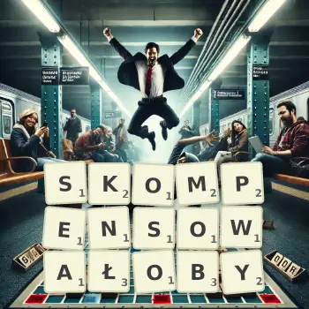 Kreatywna ilustracja do gry w Scrabble ze słowem SKOMPENSOWAŁOBY ułożonym z płytek na planszy.