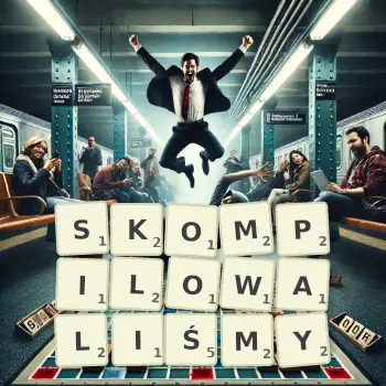 Kreatywna ilustracja do gry w Scrabble ze słowem SKOMPILOWALIŚMY ułożonym z płytek na planszy.