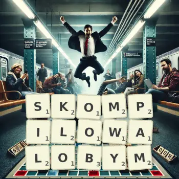 Kreatywna ilustracja do gry w Scrabble ze słowem SKOMPILOWALOBYM ułożonym z płytek na planszy.
