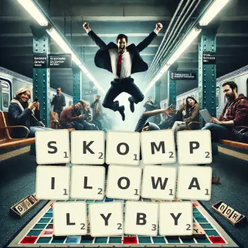 Kreatywna ilustracja do gry w Scrabble ze słowem SKOMPILOWALYBY ułożonym z płytek na planszy.