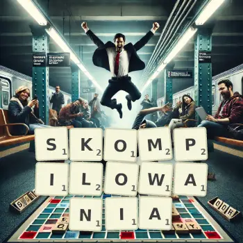 Kreatywna ilustracja do gry w Scrabble ze słowem SKOMPILOWANIA ułożonym z płytek na planszy.