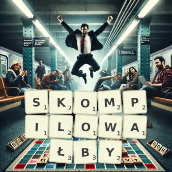 Kreatywna ilustracja do gry w Scrabble ze słowem SKOMPILOWAŁBY ułożonym z płytek na planszy.