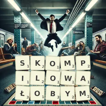 Kreatywna ilustracja do gry w Scrabble ze słowem SKOMPILOWAŁOBYM ułożonym z płytek na planszy.
