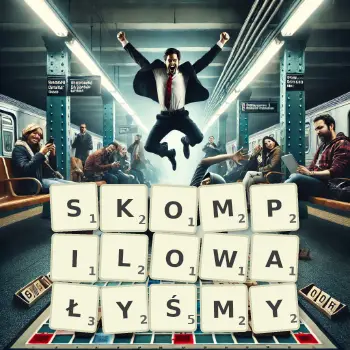 Kreatywna ilustracja do gry w Scrabble ze słowem SKOMPILOWAŁYŚMY ułożonym z płytek na planszy.