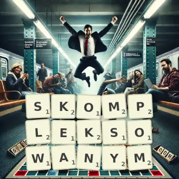 Kreatywna ilustracja do gry w Scrabble ze słowem SKOMPLEKSOWANYM ułożonym z płytek na planszy.