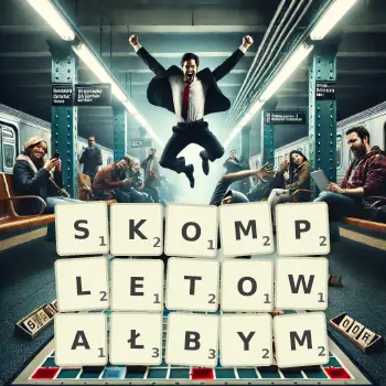 Kreatywna ilustracja do gry w Scrabble ze słowem SKOMPLETOWAŁBYM ułożonym z płytek na planszy.