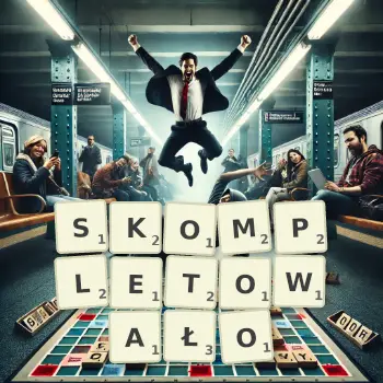 Kreatywna ilustracja do gry w Scrabble ze słowem SKOMPLETOWAŁO ułożonym z płytek na planszy.