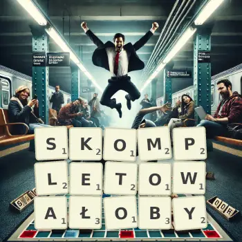 Kreatywna ilustracja do gry w Scrabble ze słowem SKOMPLETOWAŁOBY ułożonym z płytek na planszy.