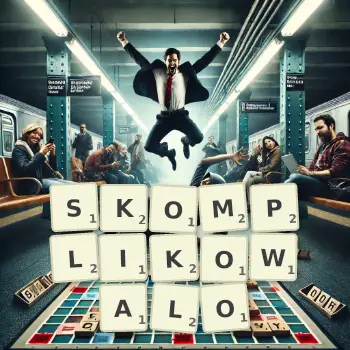 Kreatywna ilustracja do gry w Scrabble ze słowem SKOMPLIKOWALO ułożonym z płytek na planszy.