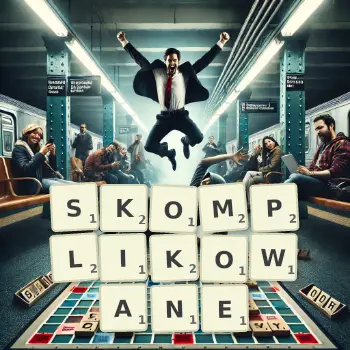 Kreatywna ilustracja do gry w Scrabble ze słowem SKOMPLIKOWANE ułożonym z płytek na planszy.