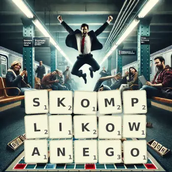 Kreatywna ilustracja do gry w Scrabble ze słowem SKOMPLIKOWANEGO ułożonym z płytek na planszy.