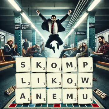 Kreatywna ilustracja do gry w Scrabble ze słowem SKOMPLIKOWANEMU ułożonym z płytek na planszy.