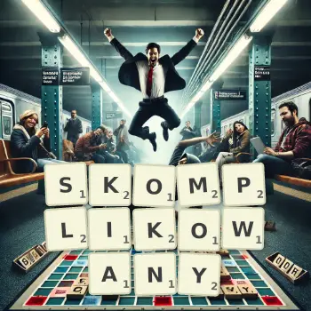 Kreatywna ilustracja do gry w Scrabble ze słowem SKOMPLIKOWANY ułożonym z płytek na planszy.