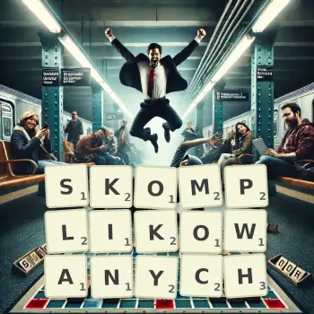 Kreatywna ilustracja do gry w Scrabble ze słowem SKOMPLIKOWANYCH ułożonym z płytek na planszy.