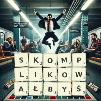 Kreatywna ilustracja do gry w Scrabble ze słowem SKOMPLIKOWAŁBYŚ ułożonym z płytek na planszy.