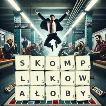 Kreatywna ilustracja do gry w Scrabble ze słowem SKOMPLIKOWAŁOBY ułożonym z płytek na planszy.