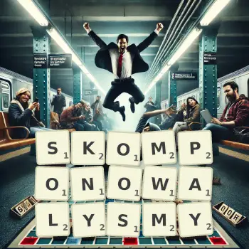 Kreatywna ilustracja do gry w Scrabble ze słowem SKOMPONOWALYSMY ułożonym z płytek na planszy.