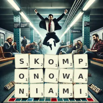 Kreatywna ilustracja do gry w Scrabble ze słowem SKOMPONOWANIAMI ułożonym z płytek na planszy.