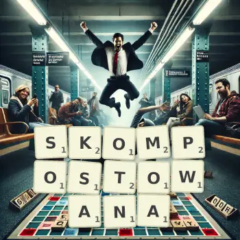 Kreatywna ilustracja do gry w Scrabble ze słowem SKOMPOSTOWANA ułożonym z płytek na planszy.