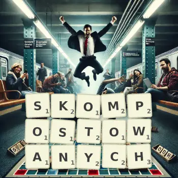 Kreatywna ilustracja do gry w Scrabble ze słowem SKOMPOSTOWANYCH ułożonym z płytek na planszy.