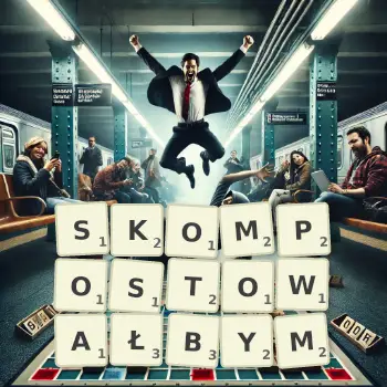 Kreatywna ilustracja do gry w Scrabble ze słowem SKOMPOSTOWAŁBYM ułożonym z płytek na planszy.