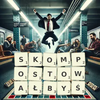 Kreatywna ilustracja do gry w Scrabble ze słowem SKOMPOSTOWAŁBYŚ ułożonym z płytek na planszy.