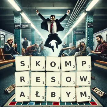 Kreatywna ilustracja do gry w Scrabble ze słowem SKOMPRESOWAŁBYM ułożonym z płytek na planszy.