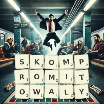 Kreatywna ilustracja do gry w Scrabble ze słowem SKOMPROMITOWALY ułożonym z płytek na planszy.