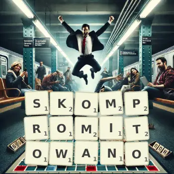 Kreatywna ilustracja do gry w Scrabble ze słowem SKOMPROMITOWANO ułożonym z płytek na planszy.