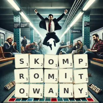 Kreatywna ilustracja do gry w Scrabble ze słowem SKOMPROMITOWANY ułożonym z płytek na planszy.