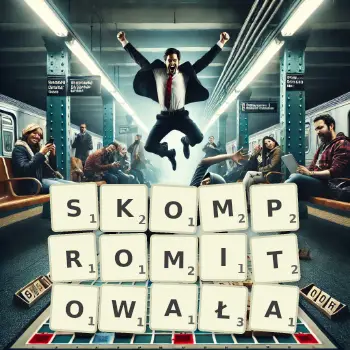 Kreatywna ilustracja do gry w Scrabble ze słowem SKOMPROMITOWAŁA ułożonym z płytek na planszy.