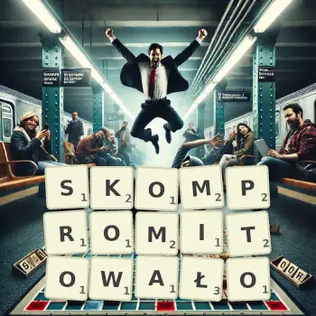 Kreatywna ilustracja do gry w Scrabble ze słowem SKOMPROMITOWAŁO ułożonym z płytek na planszy.