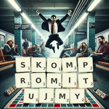 Kreatywna ilustracja do gry w Scrabble ze słowem SKOMPROMITUJMY ułożonym z płytek na planszy.