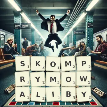 Kreatywna ilustracja do gry w Scrabble ze słowem SKOMPRYMOWALIBY ułożonym z płytek na planszy.