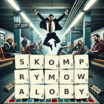 Kreatywna ilustracja do gry w Scrabble ze słowem SKOMPRYMOWALOBY ułożonym z płytek na planszy.